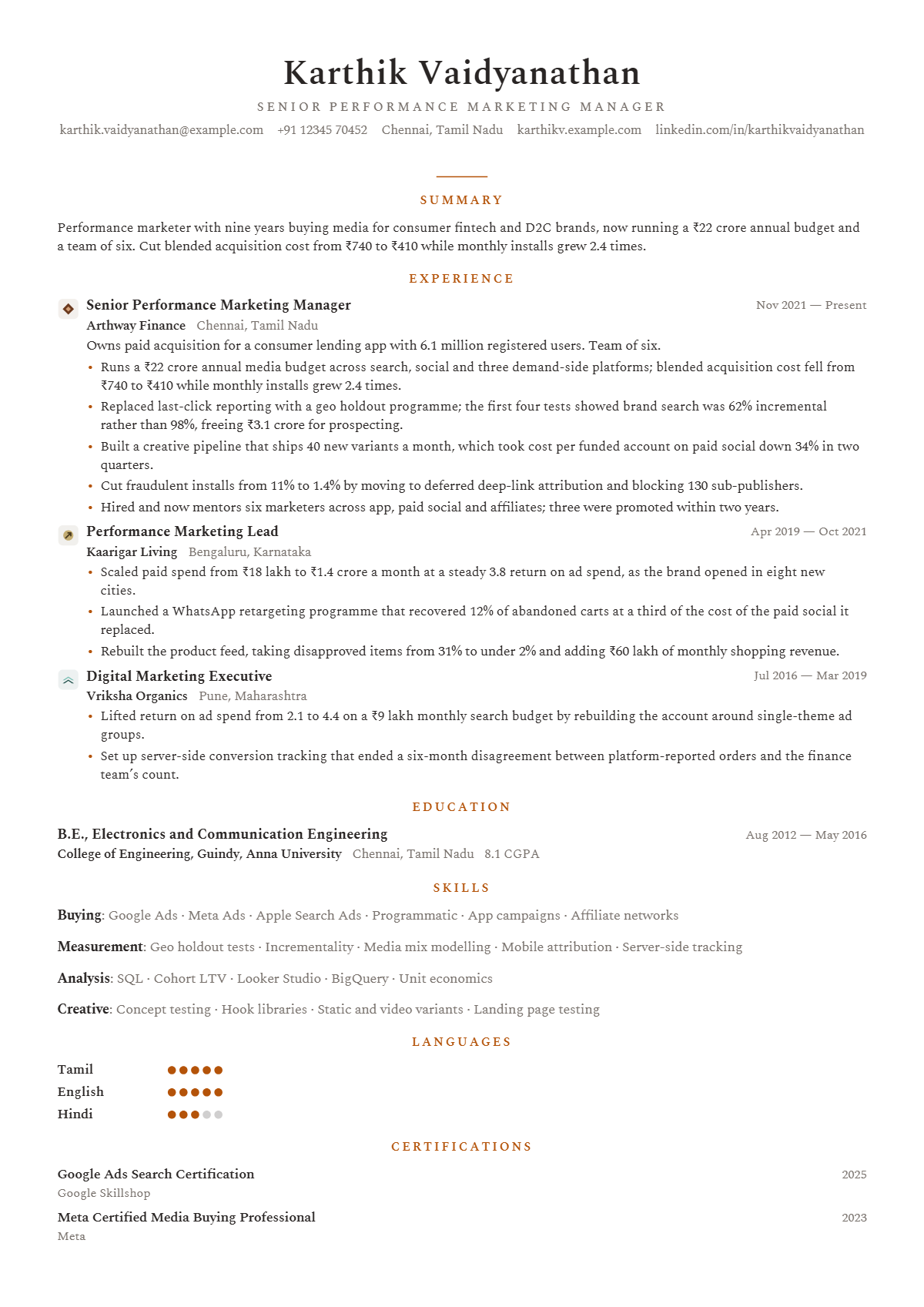 Performance Marketing Manager résumé example — senior, written for India, set in the Sienna design