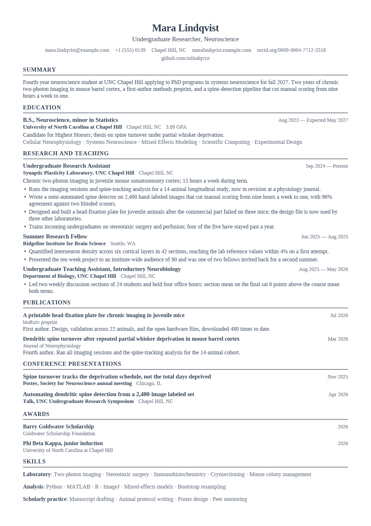 PhD Applicant, Neuroscience résumé example — student, written for United States, set in the Plainsong design