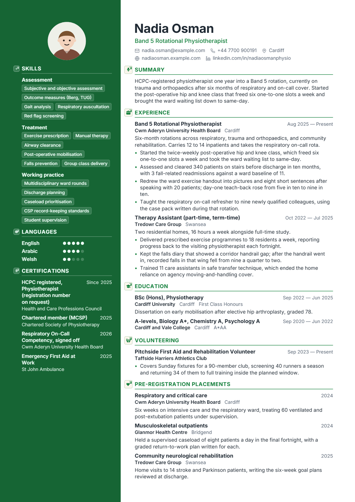 Physiotherapist (Band 5) résumé example — entry level, written for United Kingdom, set in the Verde design