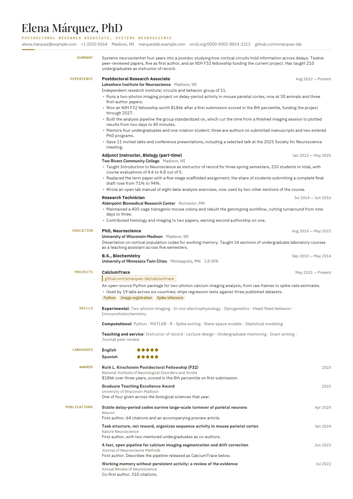 Postdoctoral Research Associate résumé example — mid level, written for United States, set in the Atelier design
