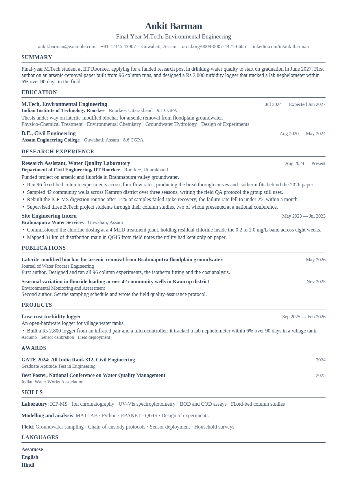 Research Associate résumé example — student, written for India, set in the Plainsong design