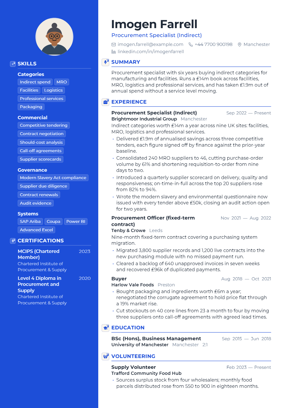 Procurement Specialist résumé example — mid level, written for United Kingdom, set in the Prism design