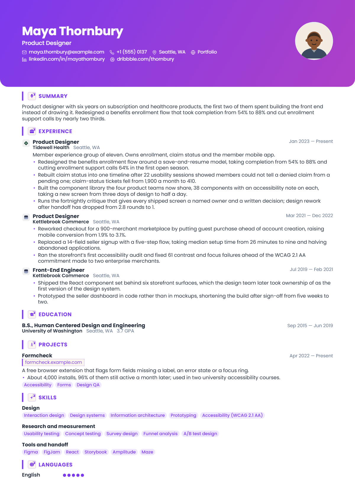 Product Designer résumé example — mid level, written for United States, set in the Spotlight design