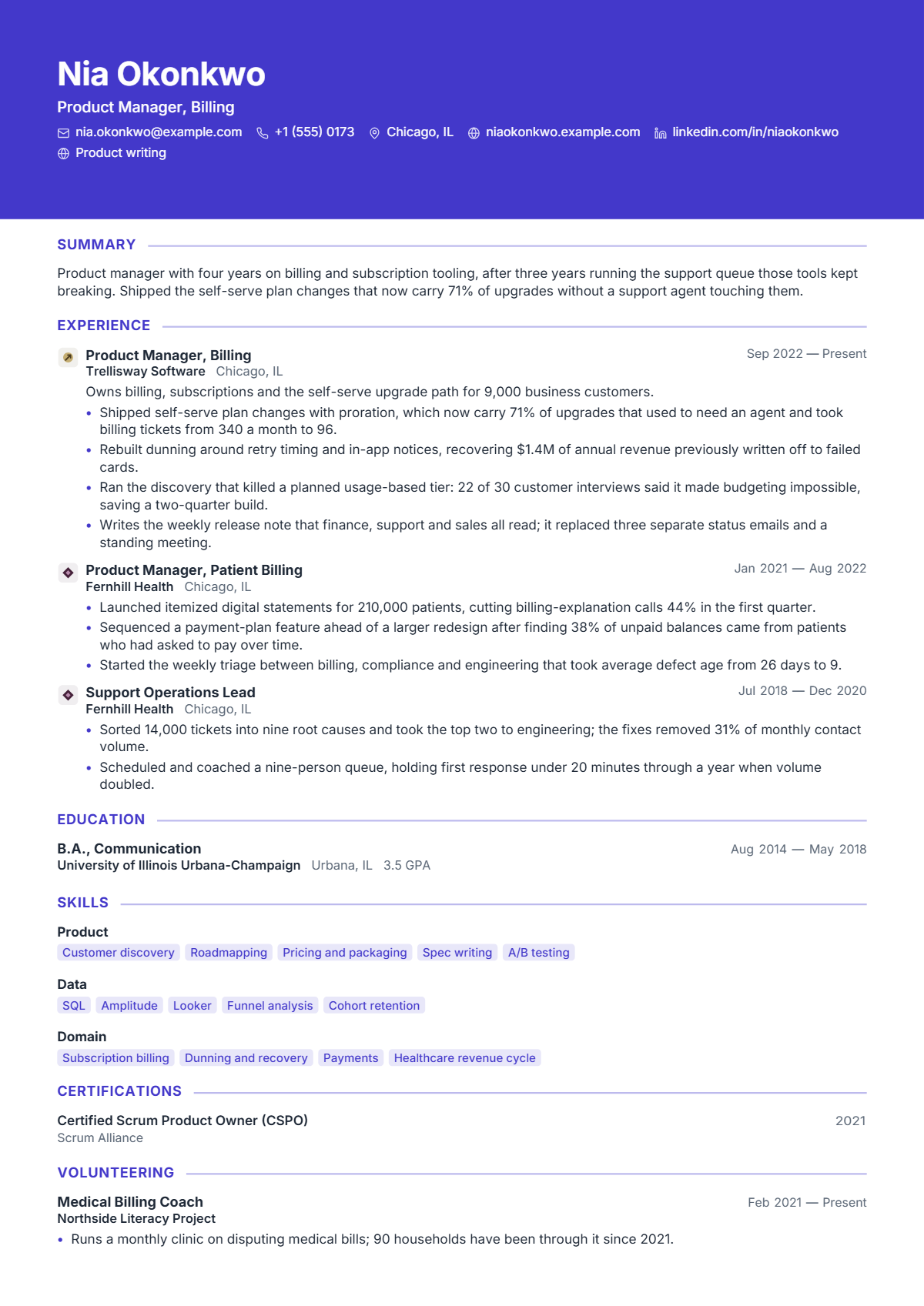 Product Manager résumé example — mid level, written for United States, set in the Ribbon design