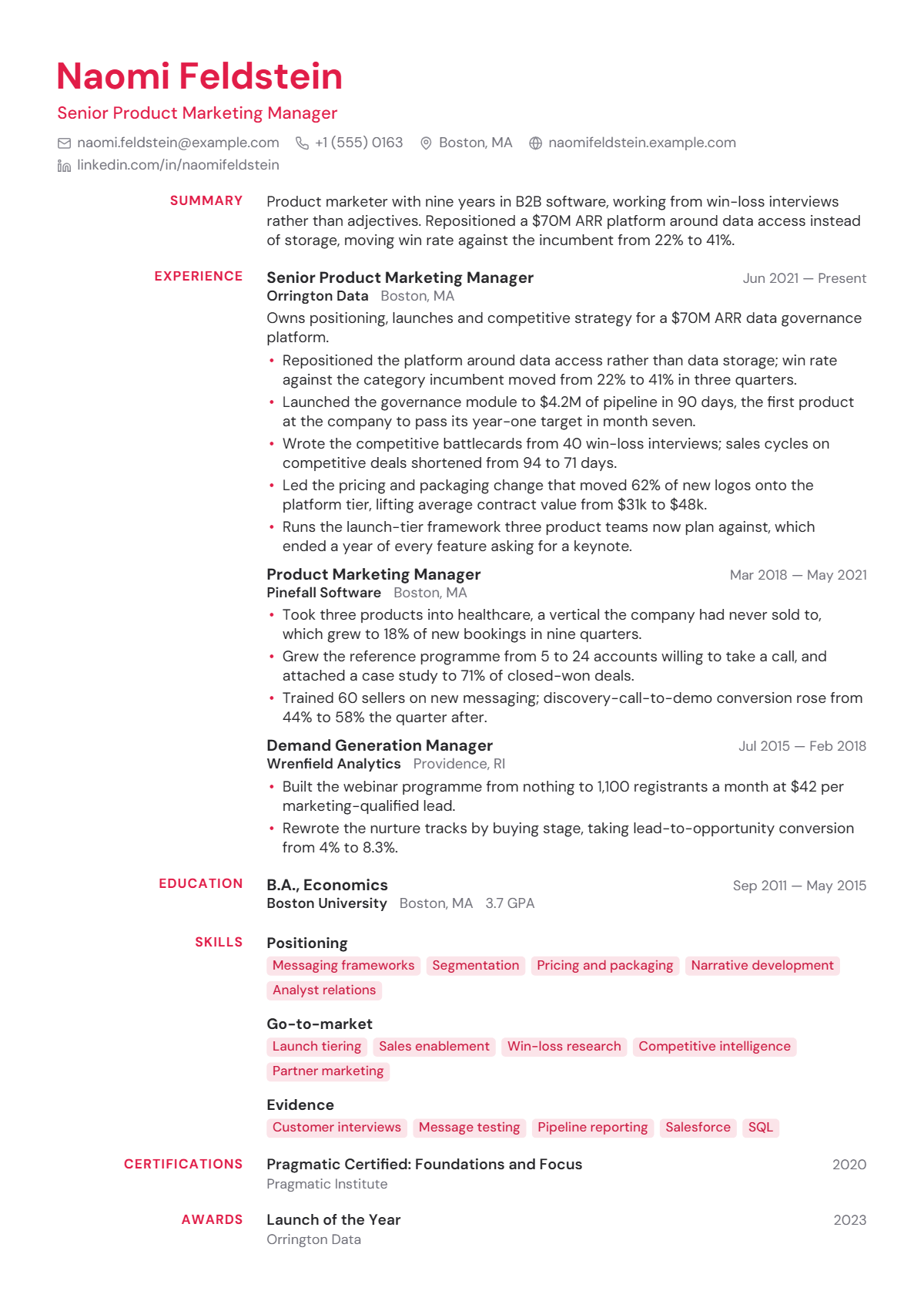 Product Marketing Manager résumé example — senior, written for United States, set in the Editorial design