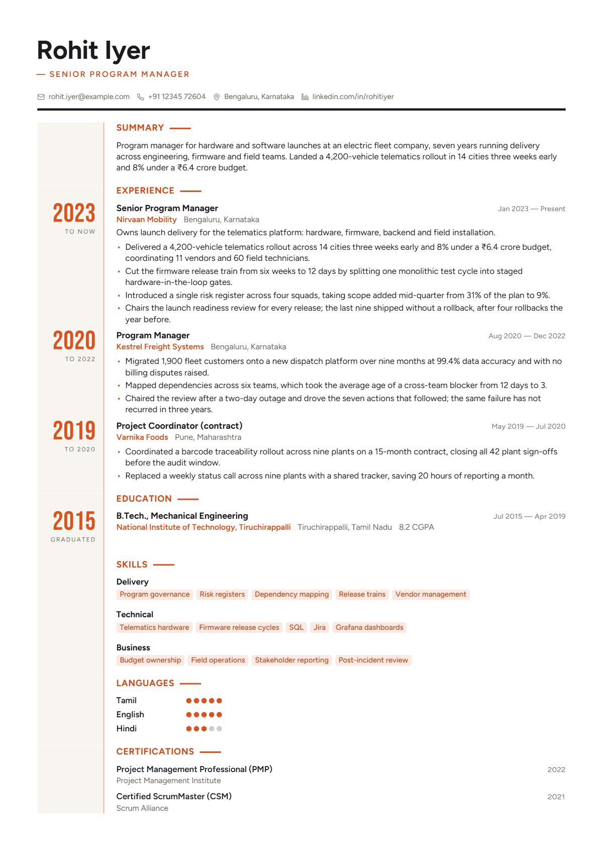 Program Manager résumé example — mid level, written for India, set in the Chronicle design