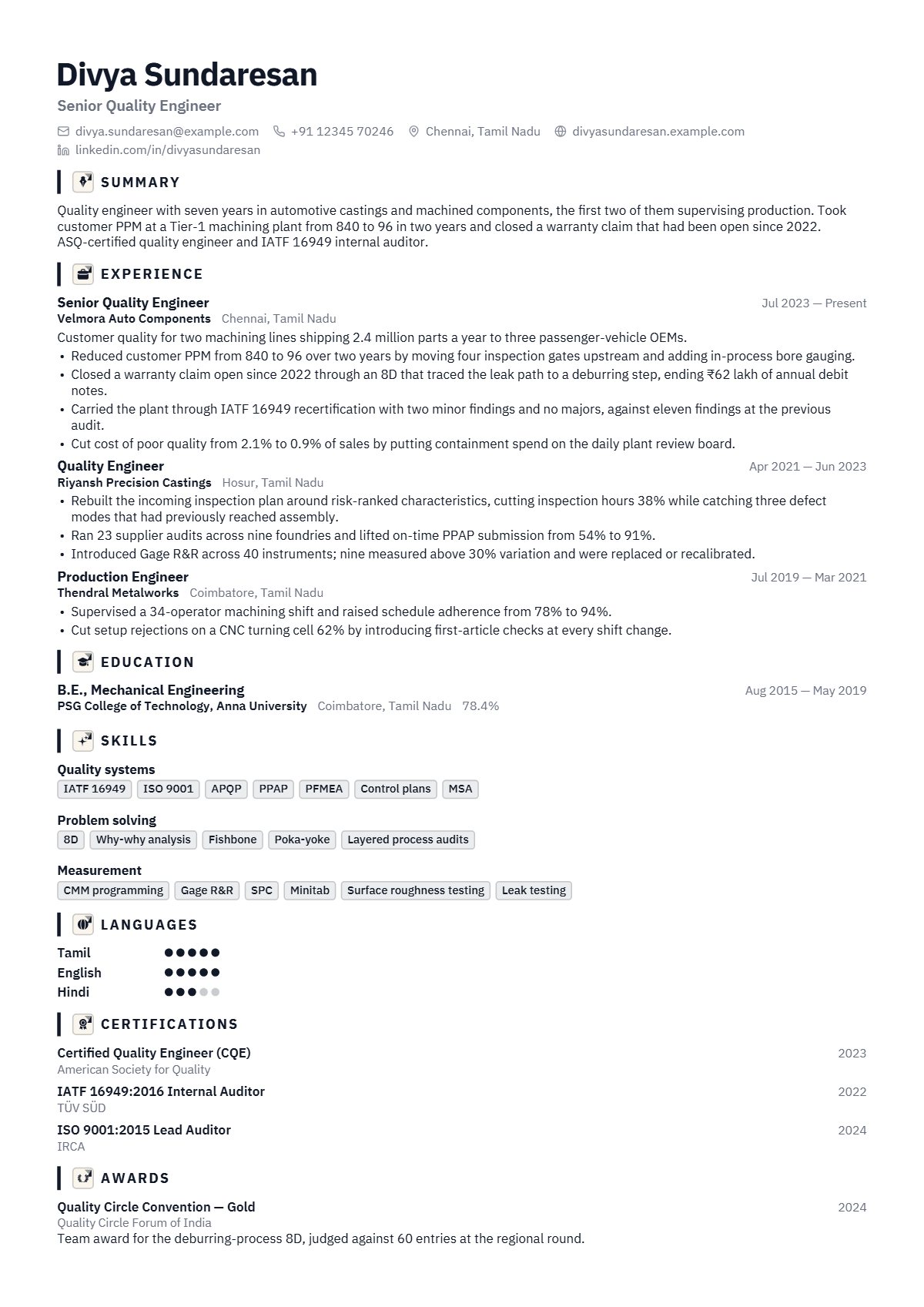 Quality Engineer résumé example — mid level, written for India, set in the Graphite design