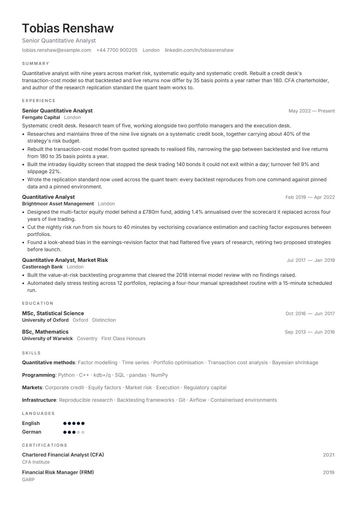 Quantitative Analyst résumé example — senior, written for United Kingdom, set in the Frost design