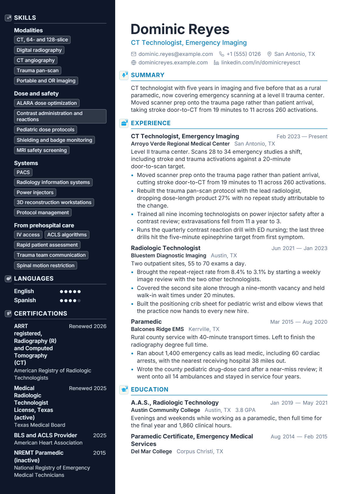 Radiologic Technologist (CT) résumé example — mid level, written for United States, set in the Apex design