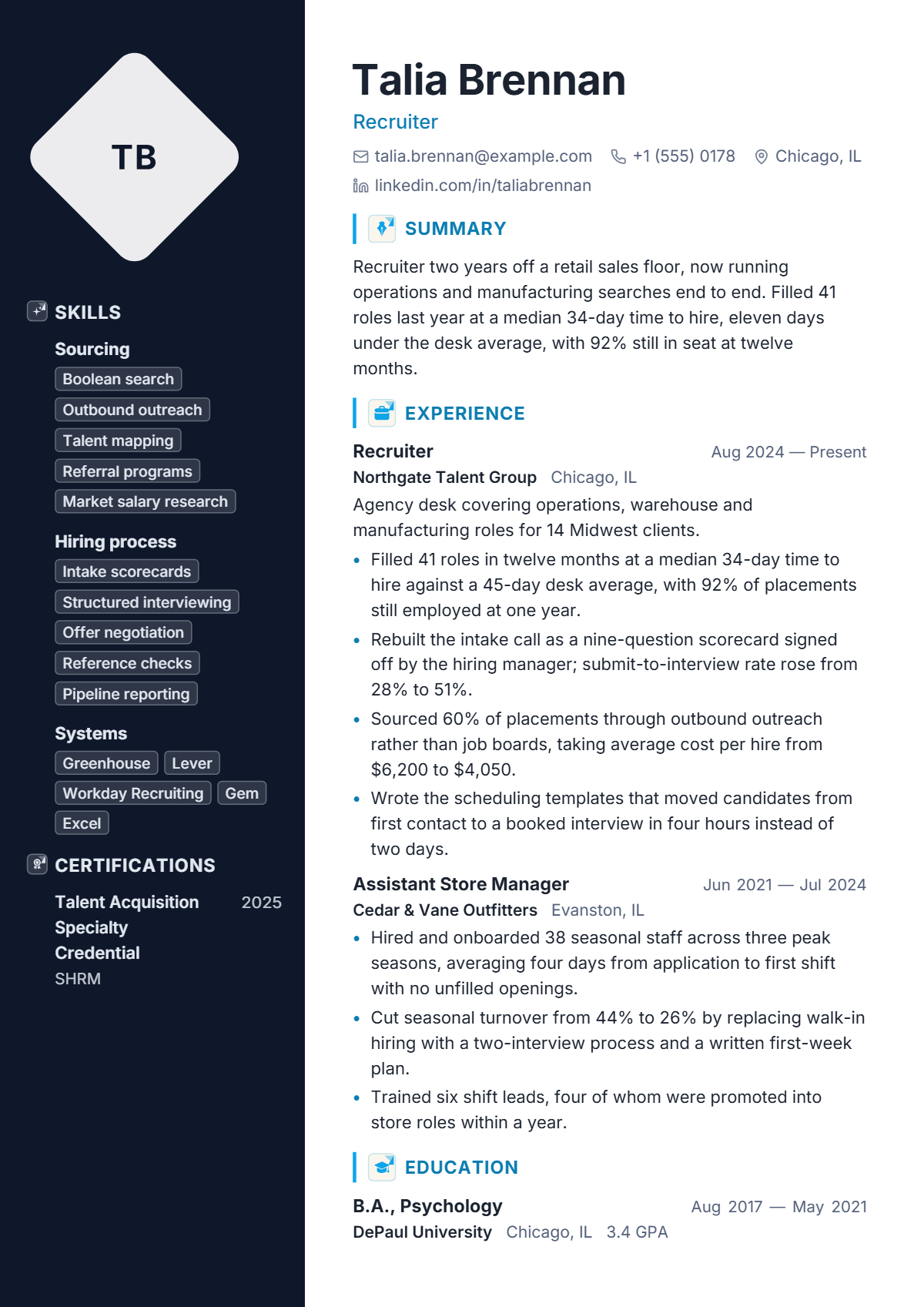 Recruiter résumé example — entry level, written for United States, set in the Initials design