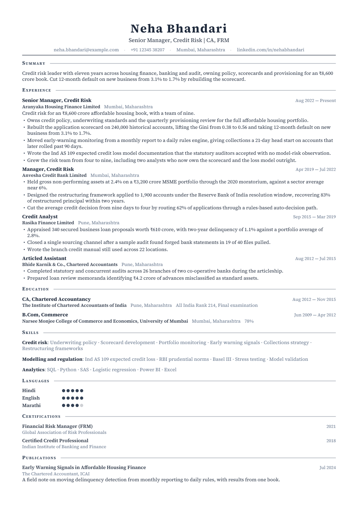 Risk Manager résumé example — senior, written for India, set in the Newton design