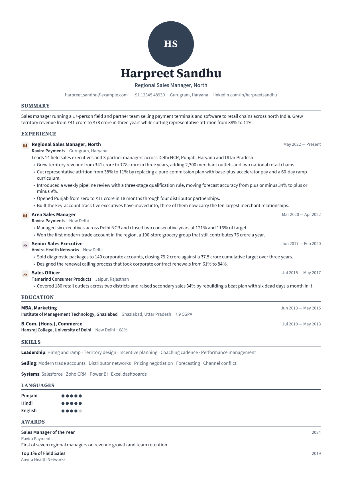 Sales Manager résumé example — senior, written for India, set in the Emblem design