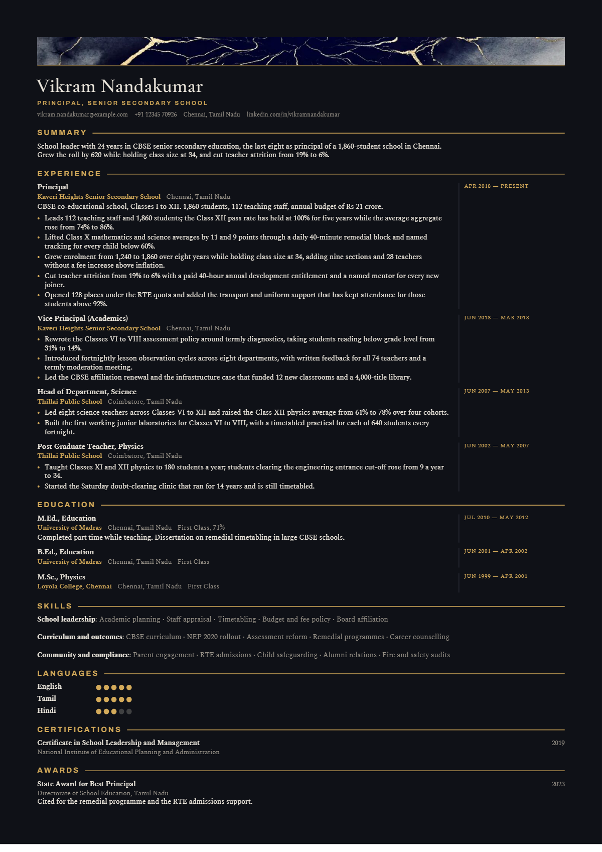 School Principal résumé example — lead & above, written for India, set in the Folio Noir design