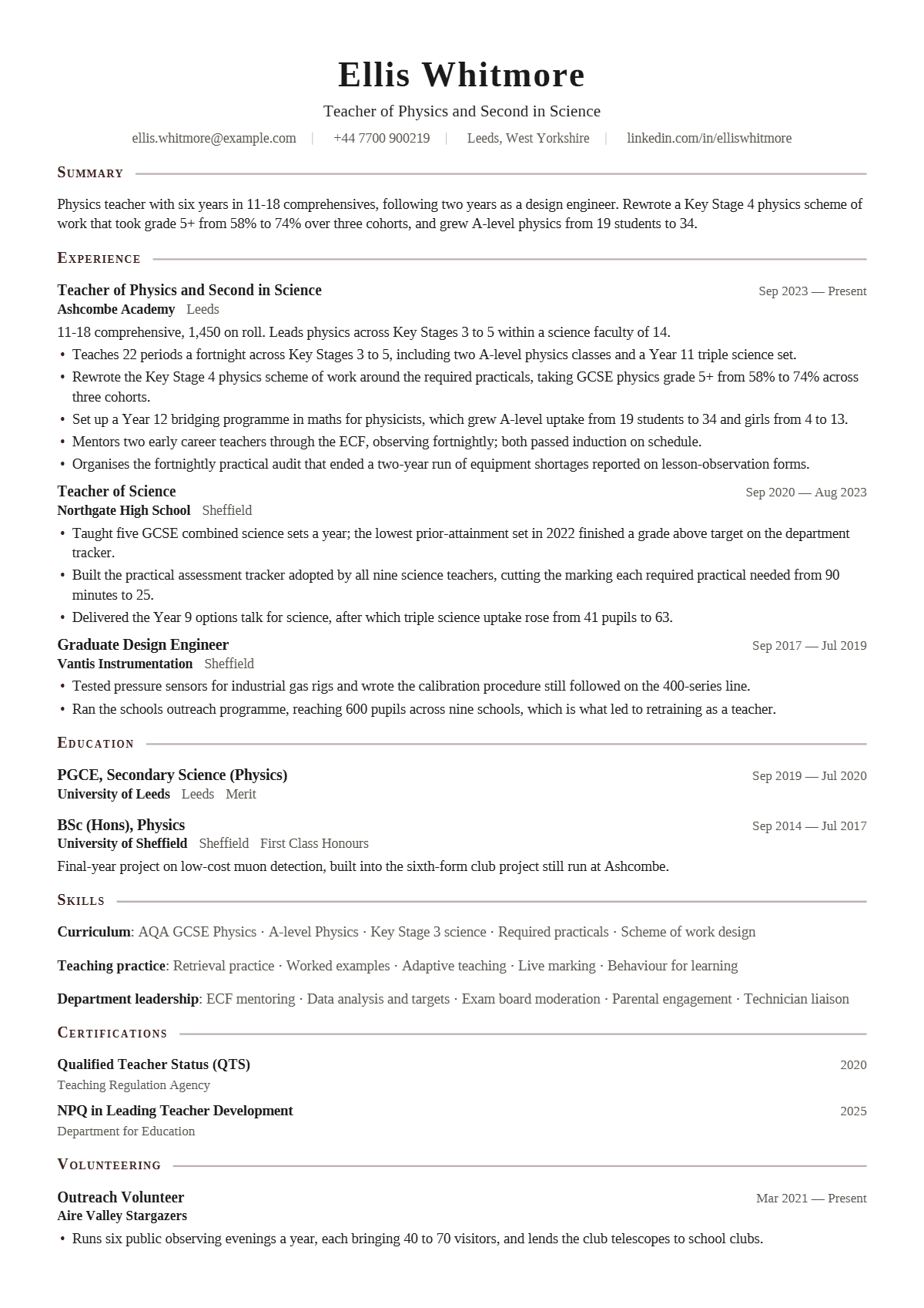 Secondary School Physics Teacher résumé example — mid level, written for United Kingdom, set in the Scholar design