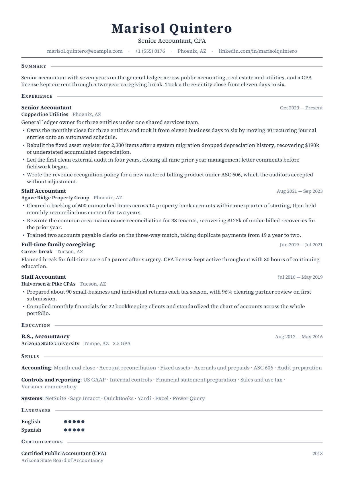 Senior Accountant résumé example — mid level, written for United States, set in the Newton design