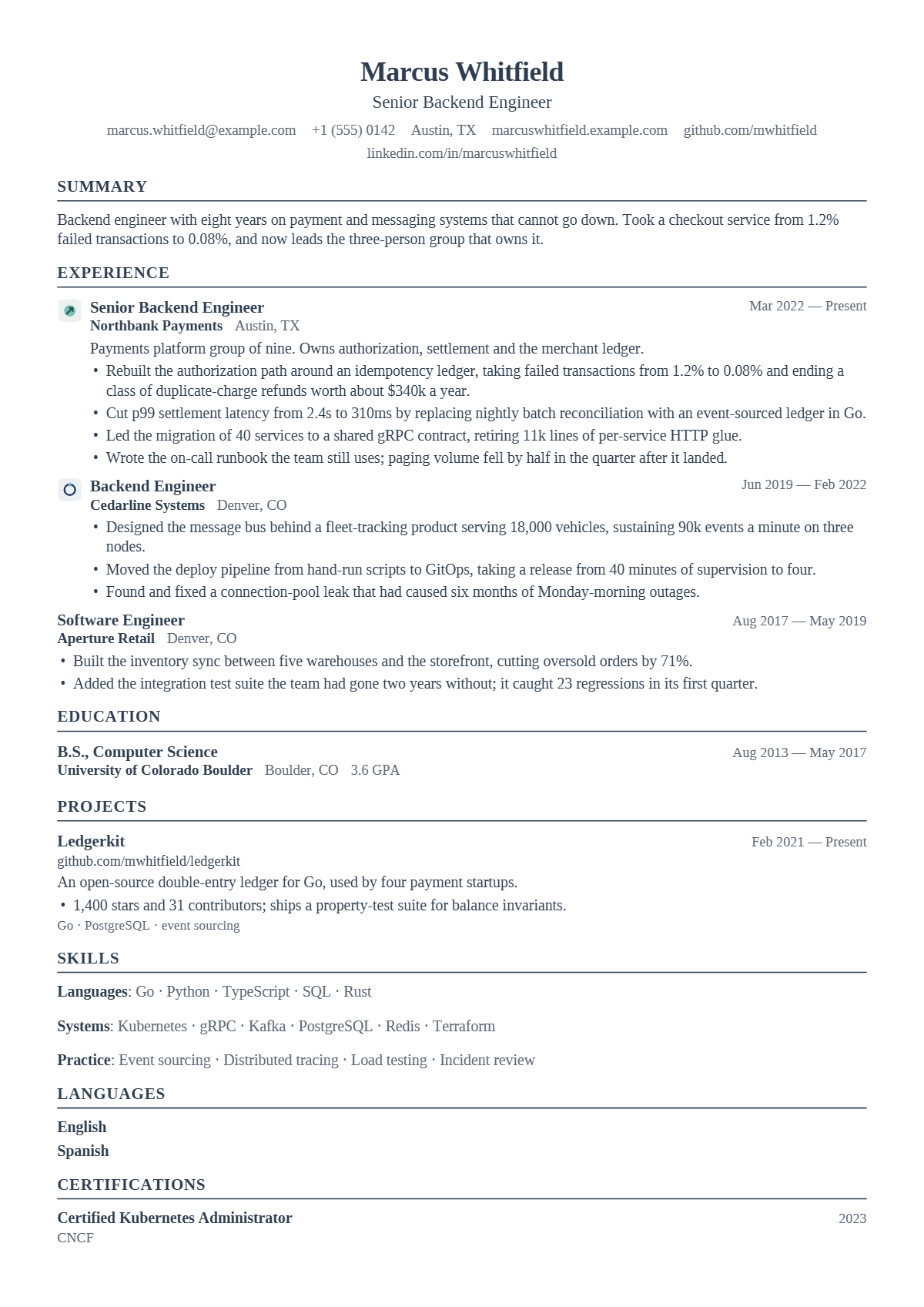 Senior Backend Engineer résumé example — senior, written for United States, set in the Plainsong design