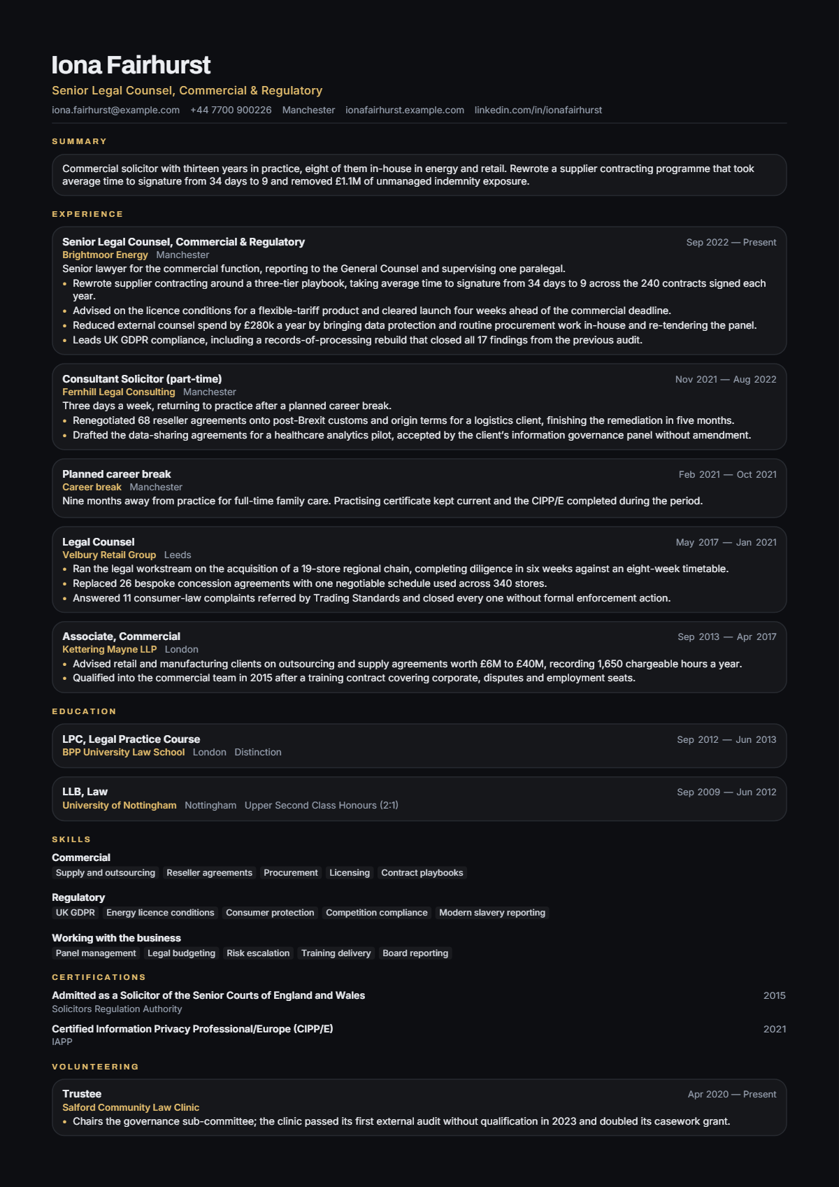 Senior Legal Counsel résumé example — senior, written for United Kingdom, set in the Obsidian design