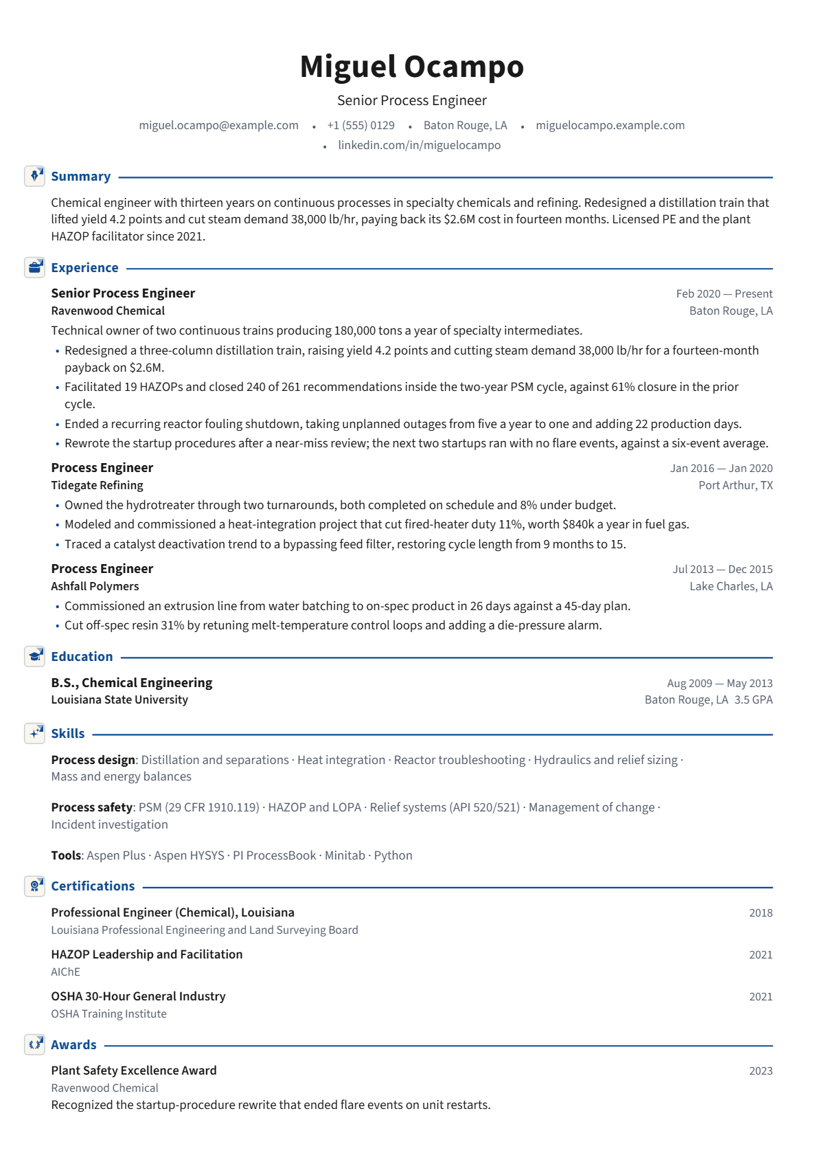 Senior Process Engineer résumé example — senior, written for United States, set in the Cambridge design