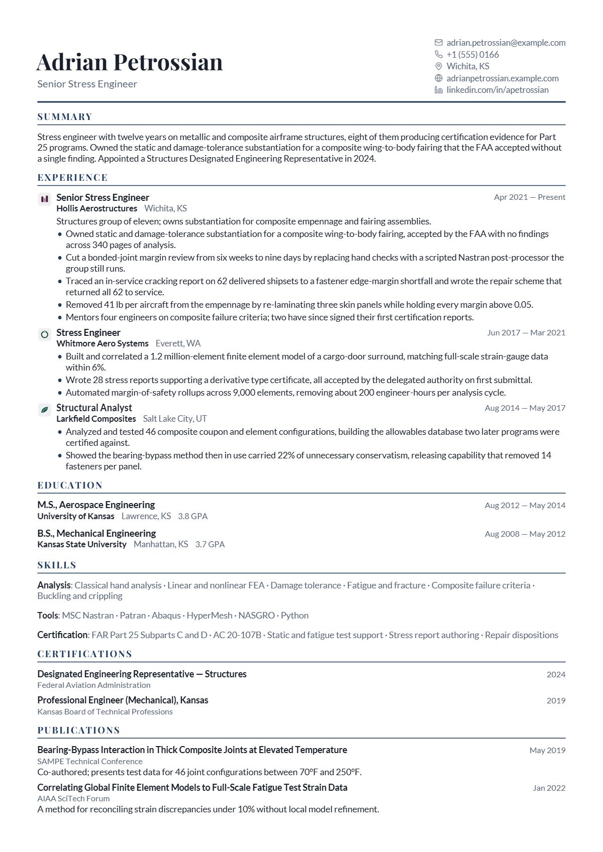 Senior Stress Engineer résumé example — senior, written for United States, set in the Sterling design