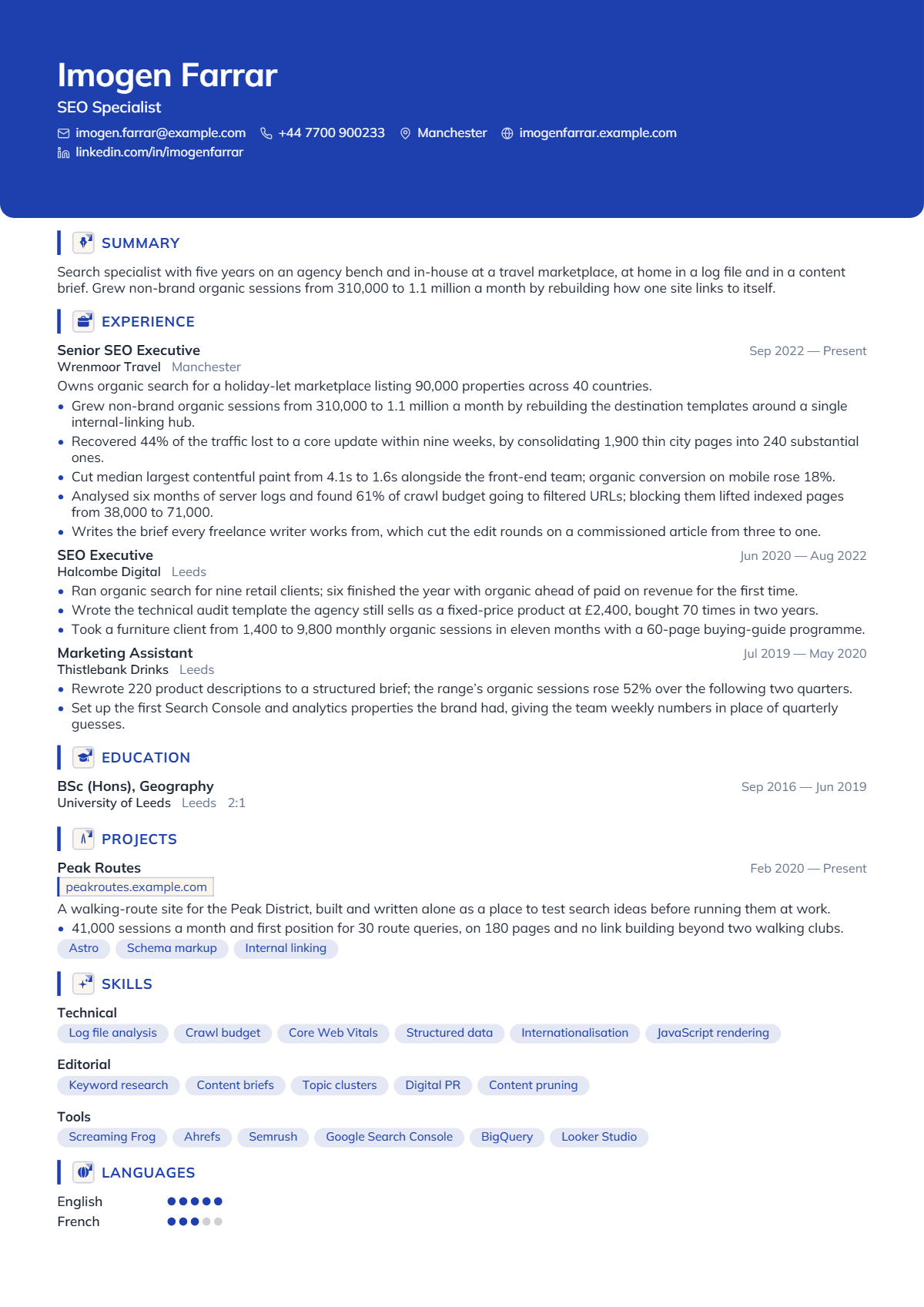 SEO Specialist résumé example — mid level, written for United Kingdom, set in the Cobalt design