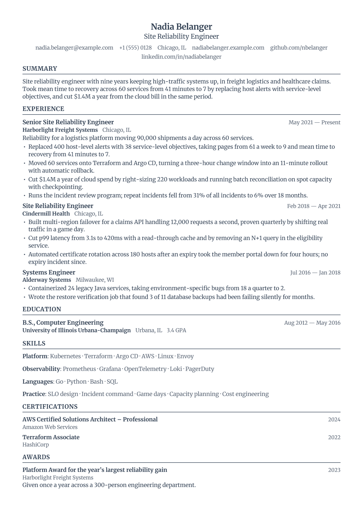 Site Reliability Engineer résumé example — senior, written for United States, set in the Quire design