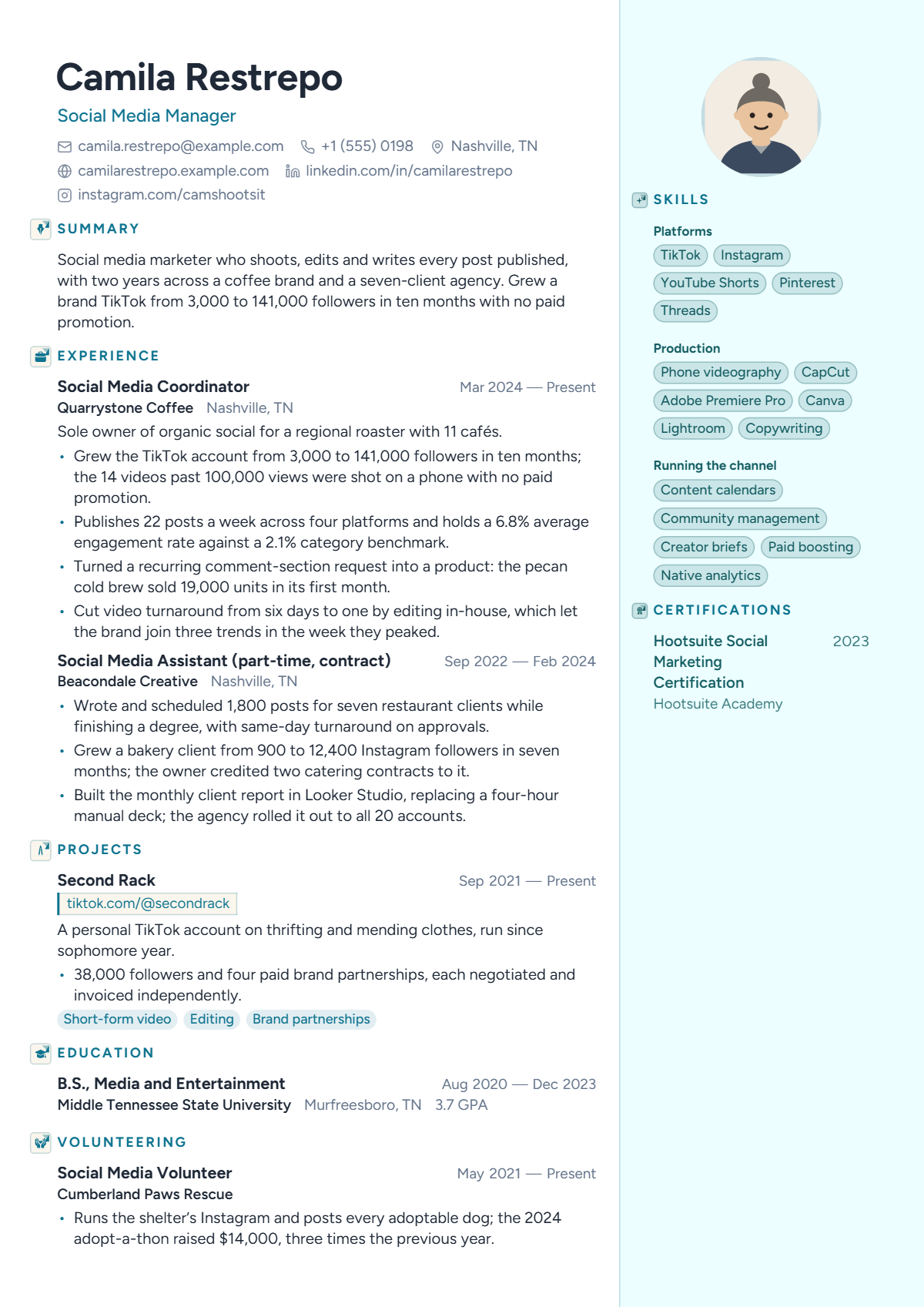 Social Media Manager résumé example — entry level, written for United States, set in the Halcyon design