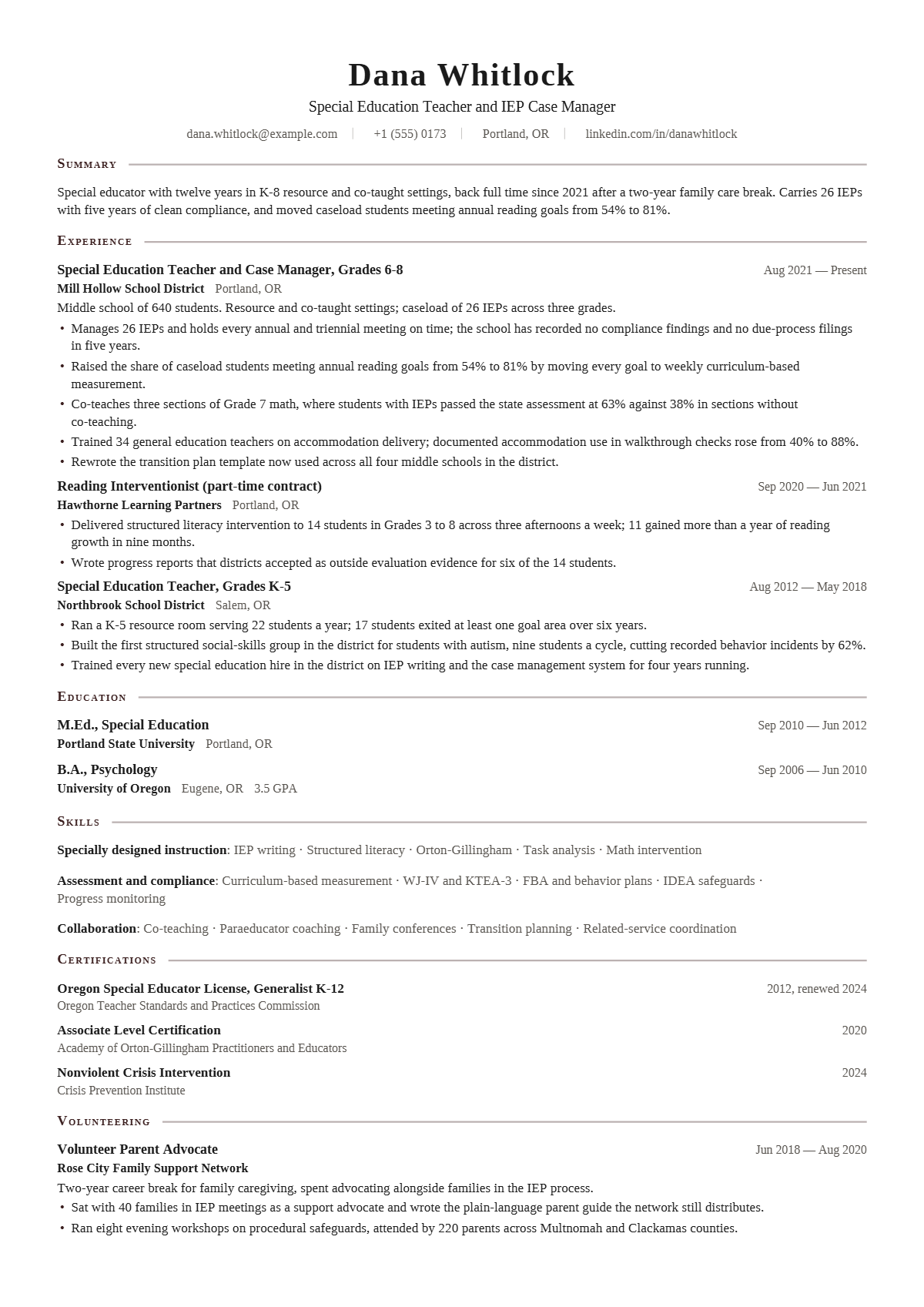 Special Education Teacher résumé example — senior, written for United States, set in the Scholar design