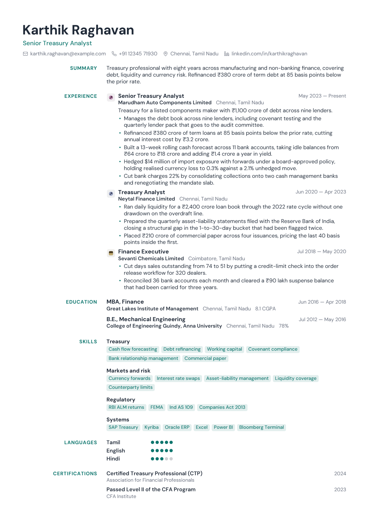 Treasury Analyst résumé example — mid level, written for India, set in the Slate design