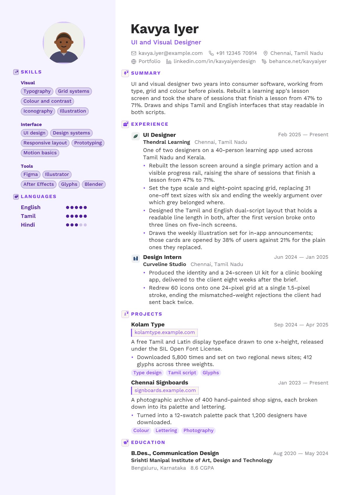 UI and Visual Designer résumé example — entry level, written for India, set in the Opal design