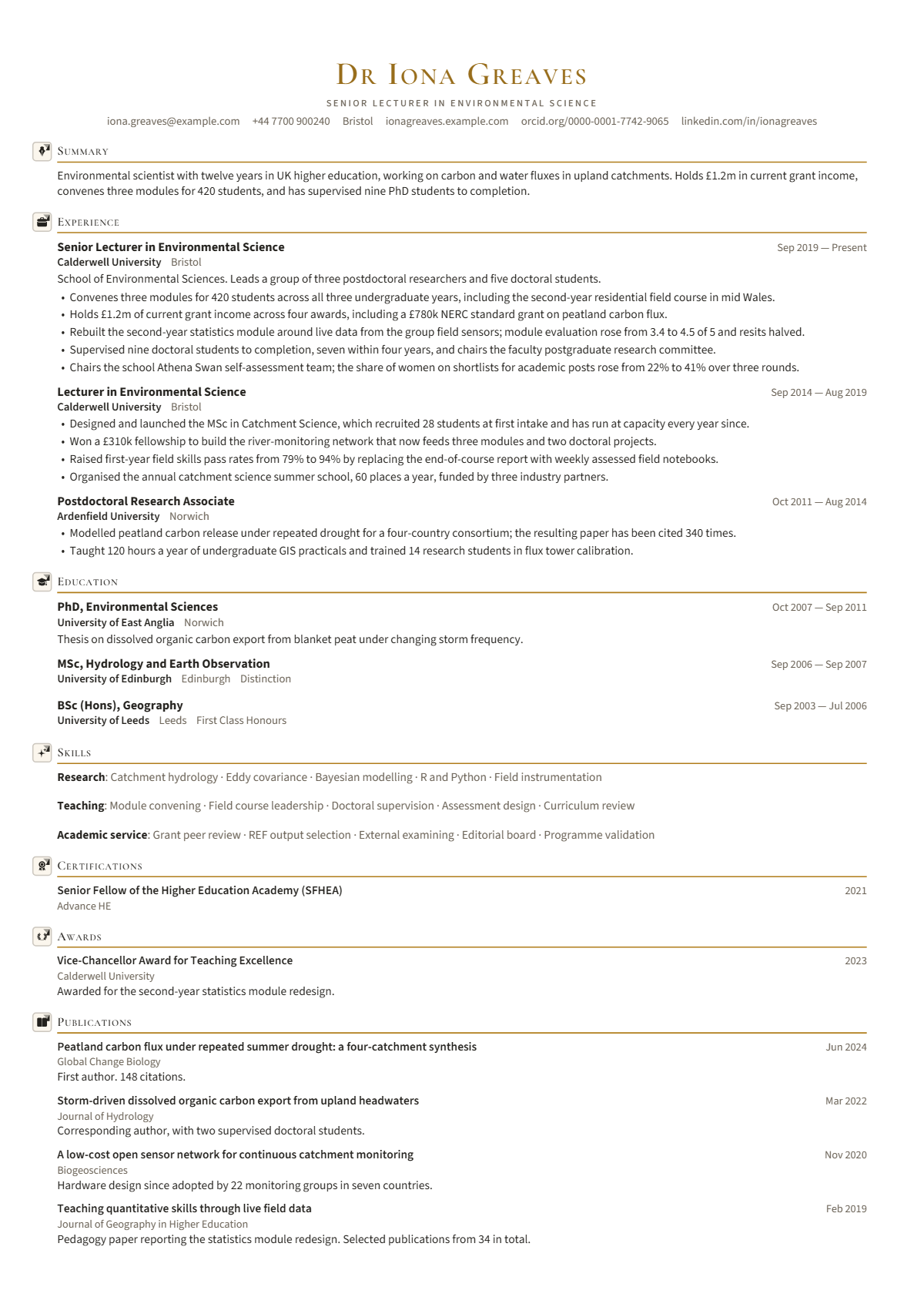 University Lecturer résumé example — senior, written for United Kingdom, set in the Aurum Editorial design