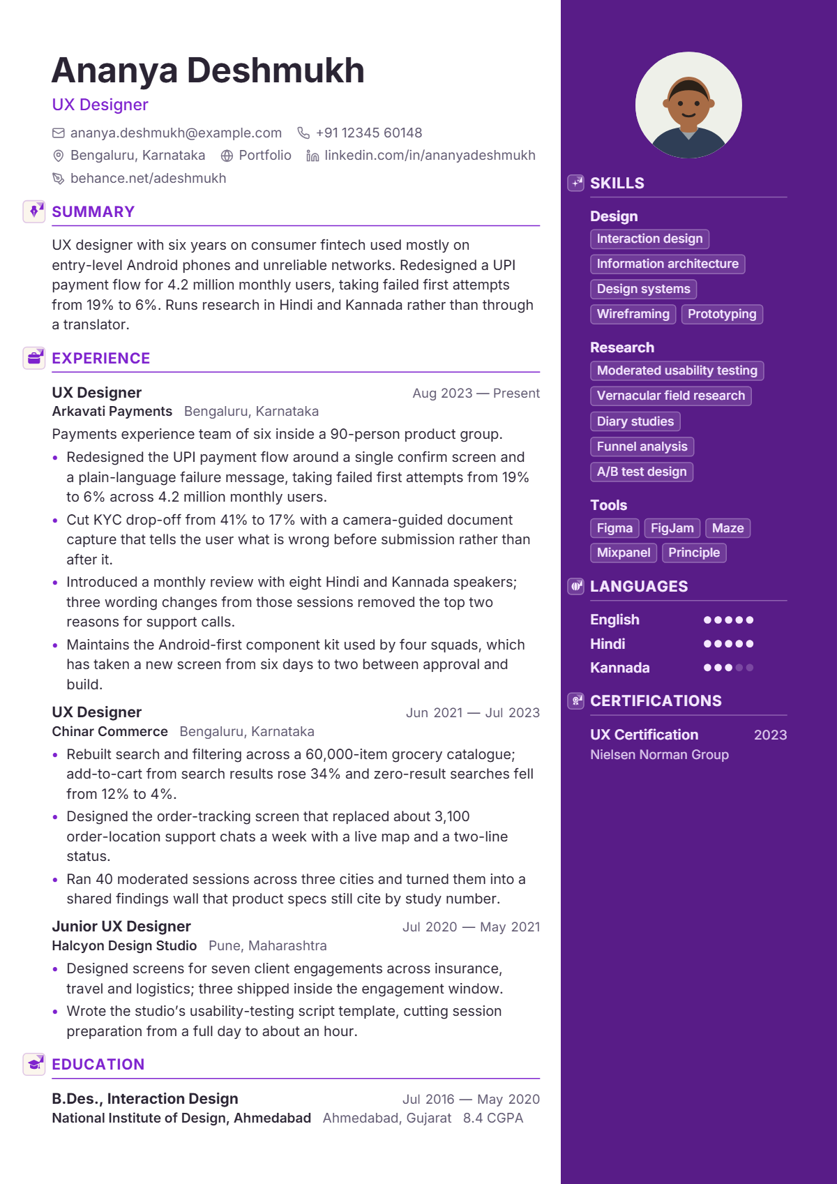 UX Designer résumé example — mid level, written for India, set in the Orchid design