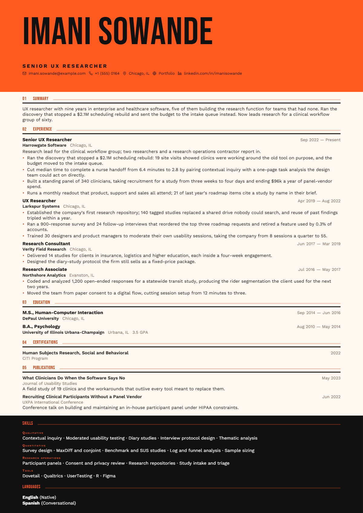 UX Researcher résumé example — senior, written for United States, set in the Marquee design