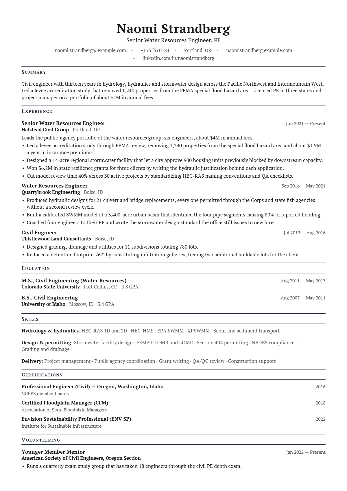 Water Resources Engineer résumé example — senior, written for United States, set in the Oxford design