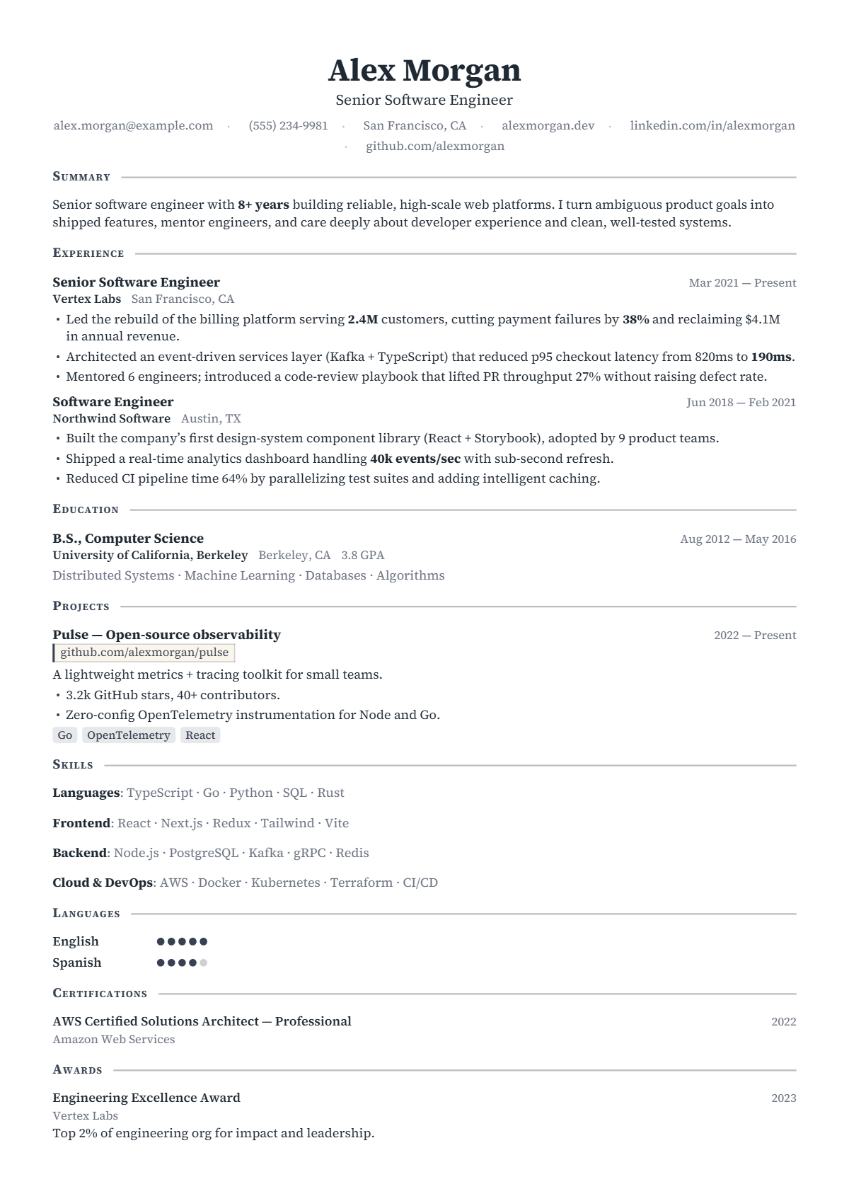 A full résumé page in the Academia template: single column · classic · elegant
