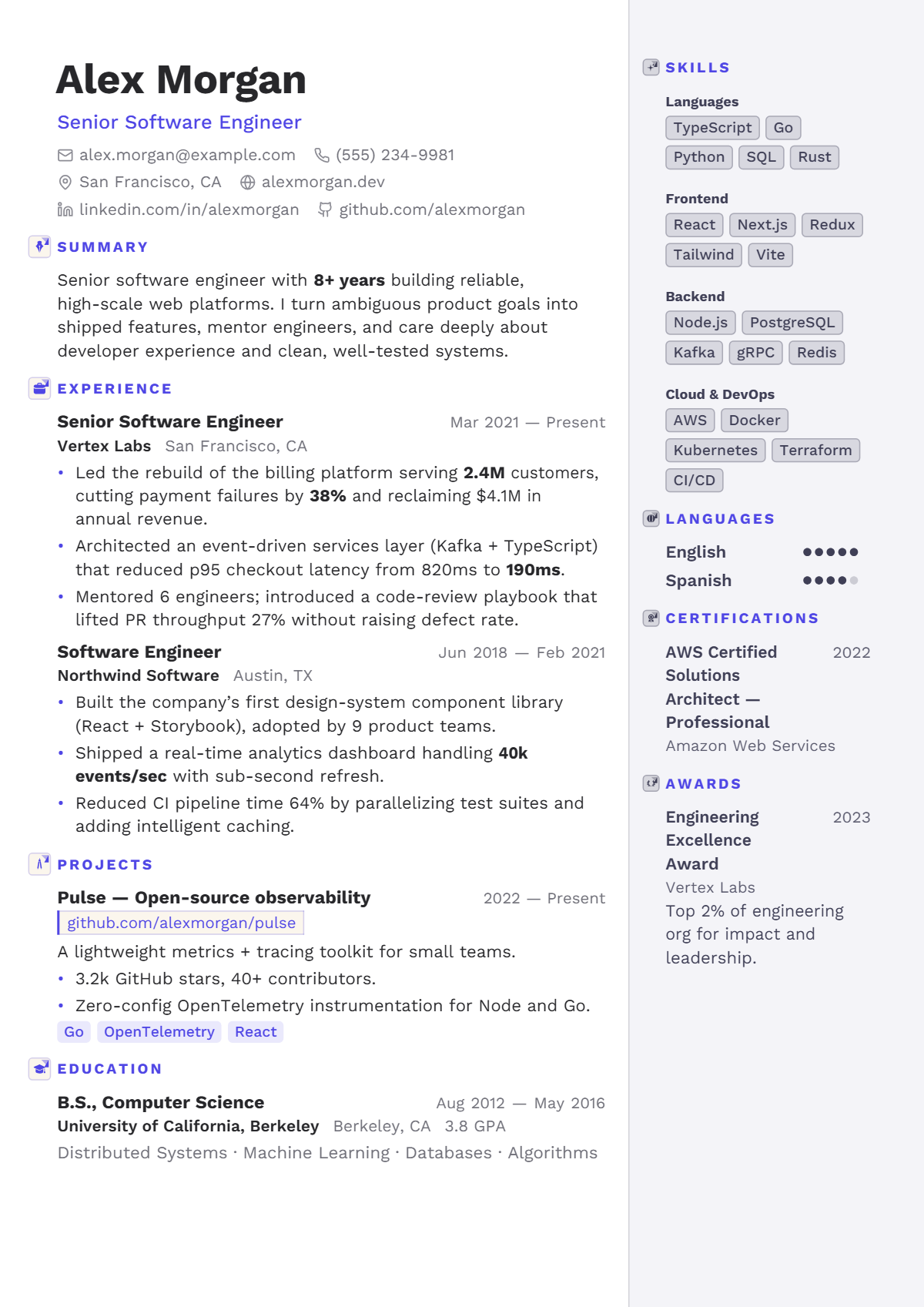 A full résumé page in the Linen template: two column · modern · minimal
