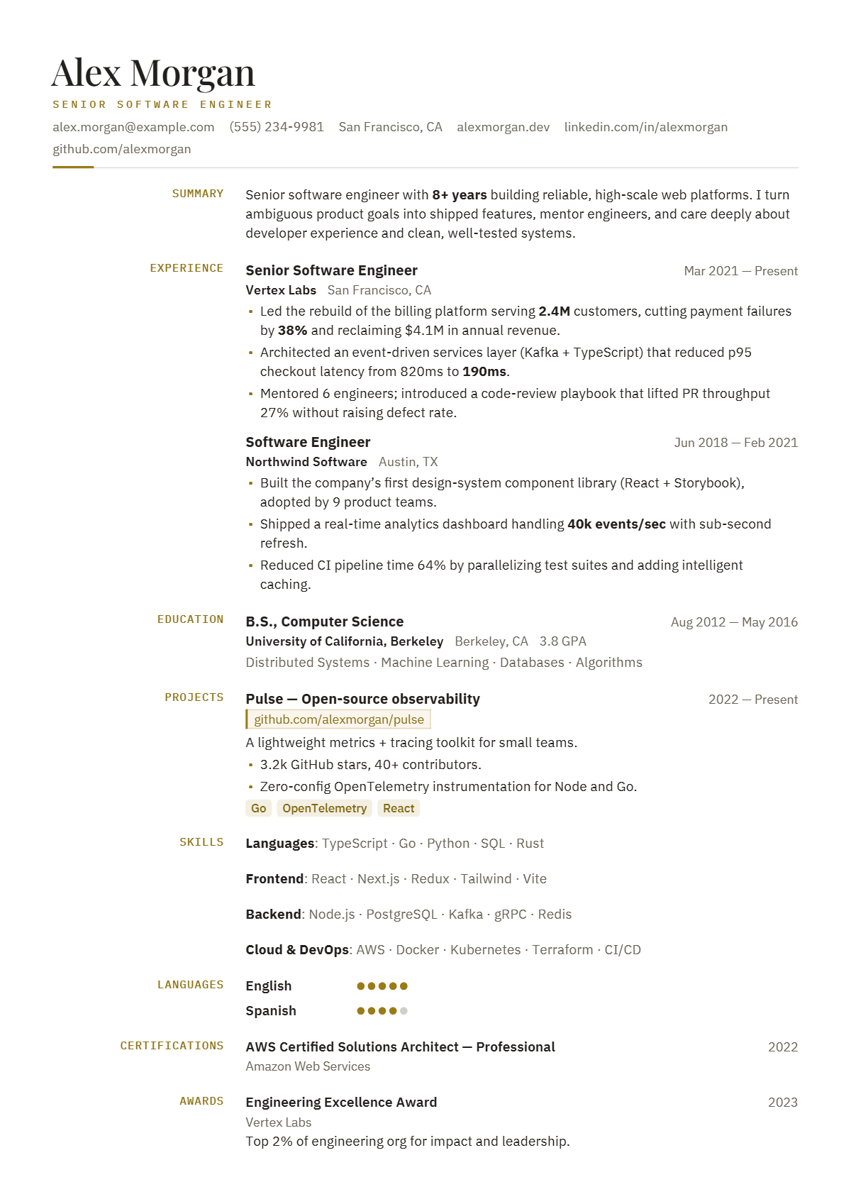 A full résumé page in the Atelier template: single column · premium · elegant