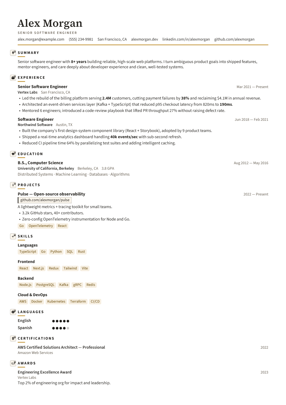 A full résumé page in the Aurum template: single column · premium · modern