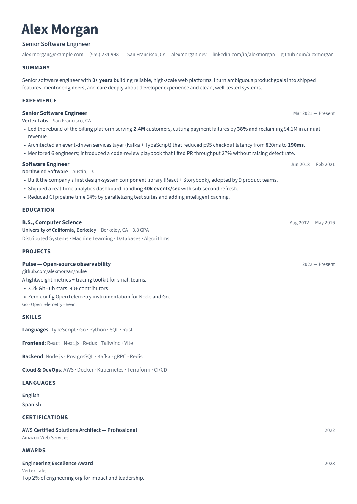 A full résumé page in the Bare template: single column · bare · minimal