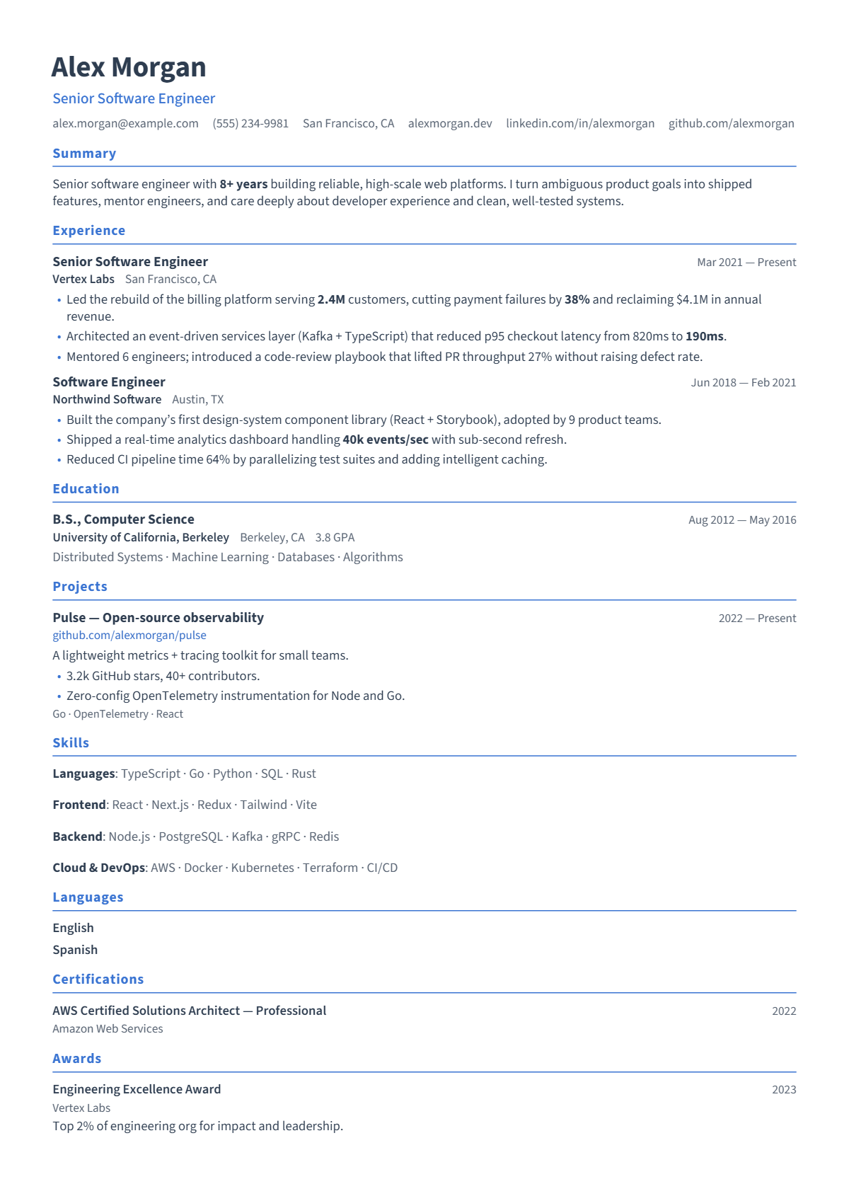 A full résumé page in the Beacon template: single column · bare · modern