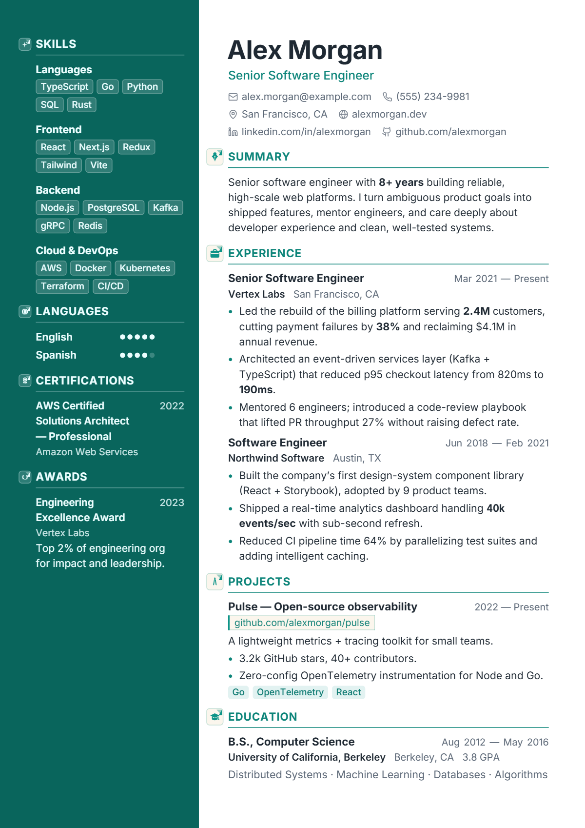 A full résumé page in the Cascade template: two column · modern · premium · photo