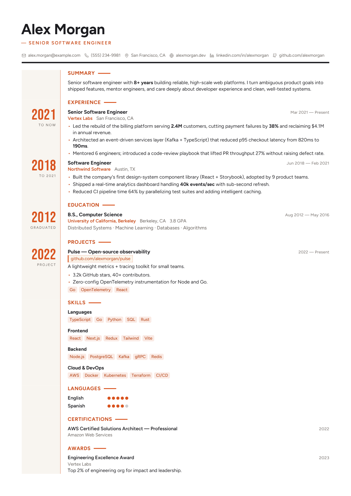 A full résumé page in the Chronicle template: signature · single column · modern · timeline · premium