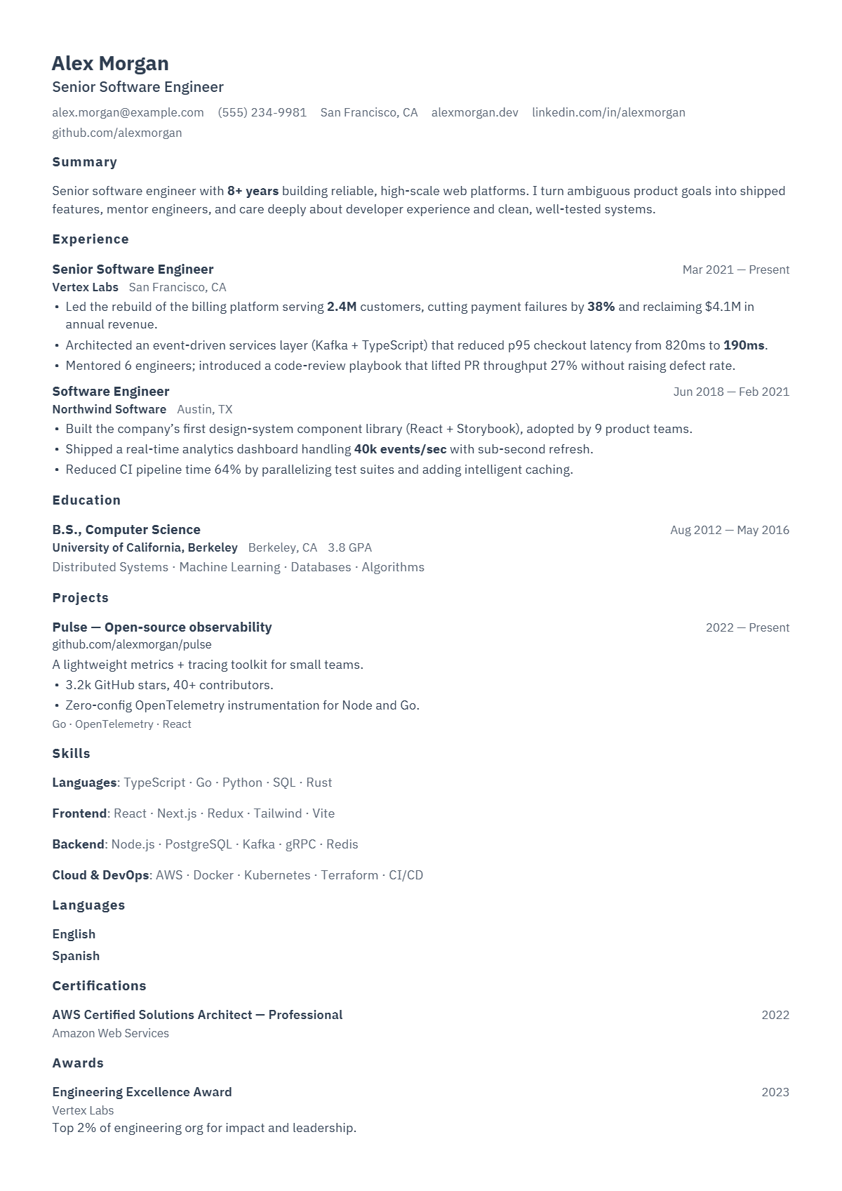 A full résumé page in the Console template: single column · bare · technical