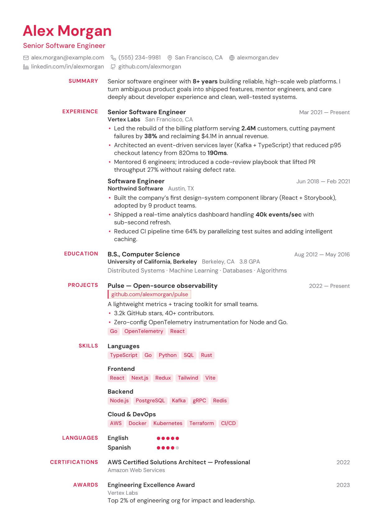 A full résumé page in the Editorial template: single column · modern · creative