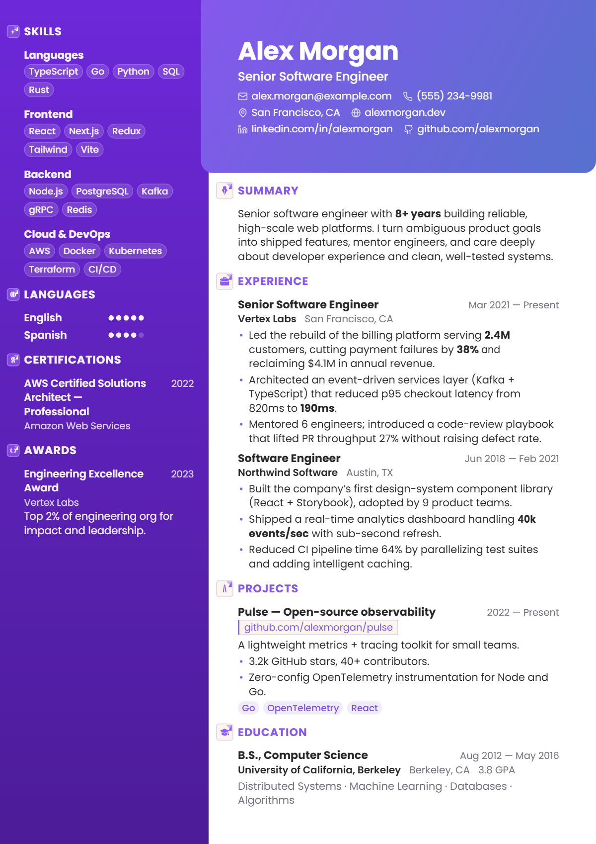 A full résumé page in the Nova template: two column · creative · photo