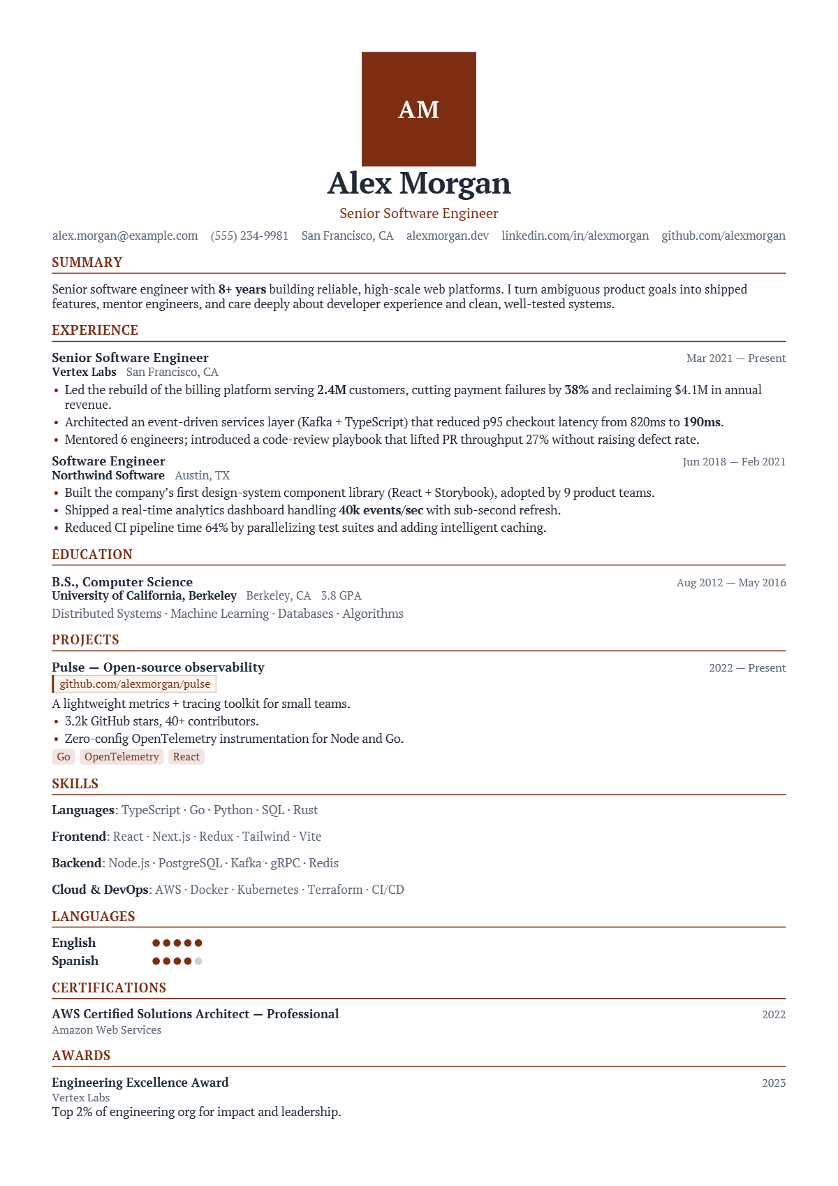A full résumé page in the Crest template: single column · classic