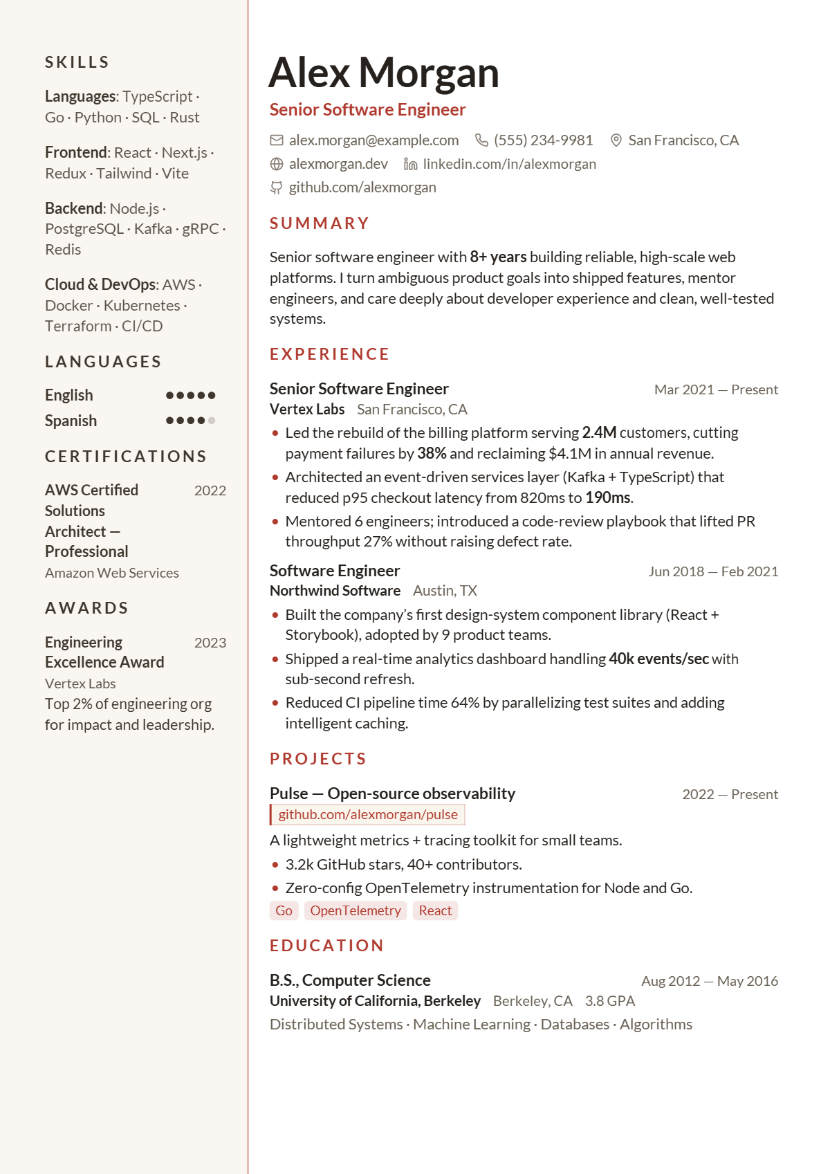 A full résumé page in the Deedy template: two column · modern · technical