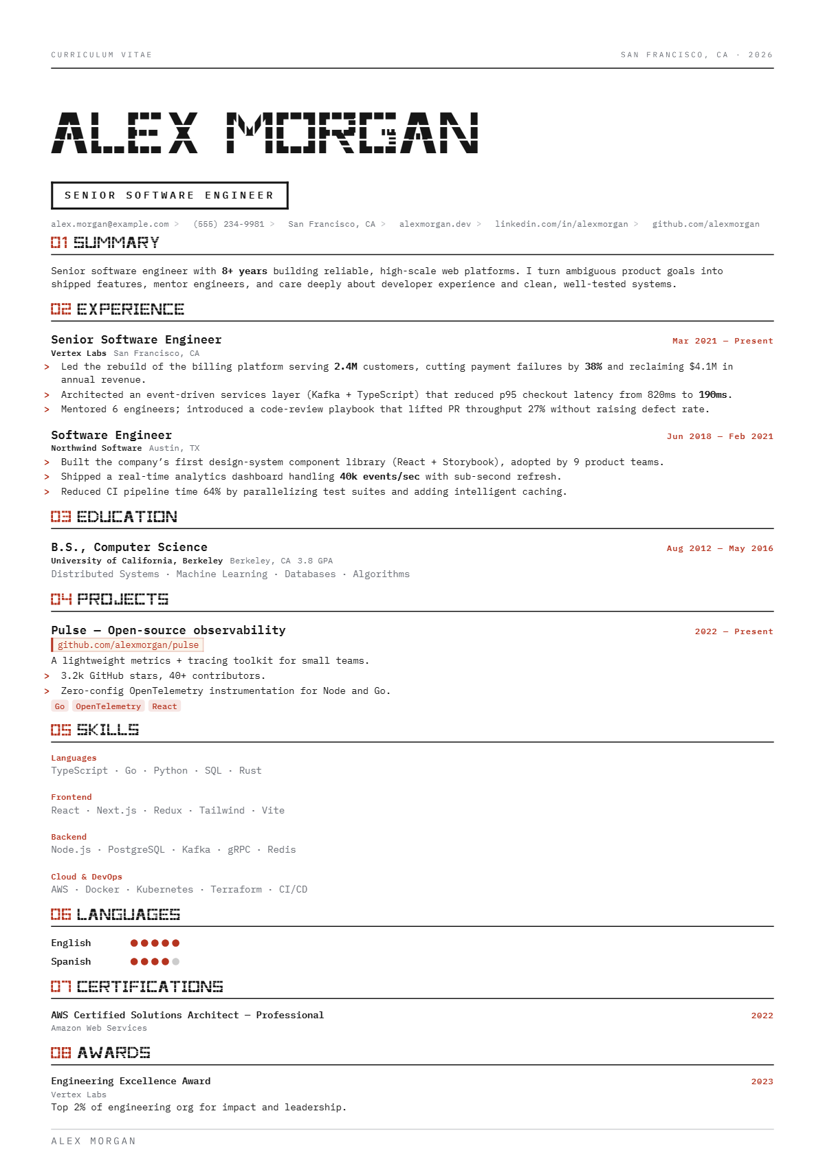 A full résumé page in the Dossier template: signature · single column · creative · technical · premium