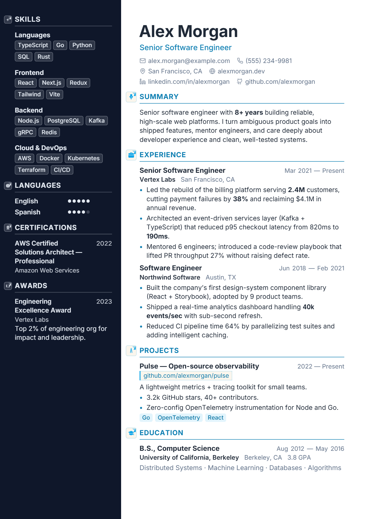 A full résumé page in the Apex template: two column · modern · technical