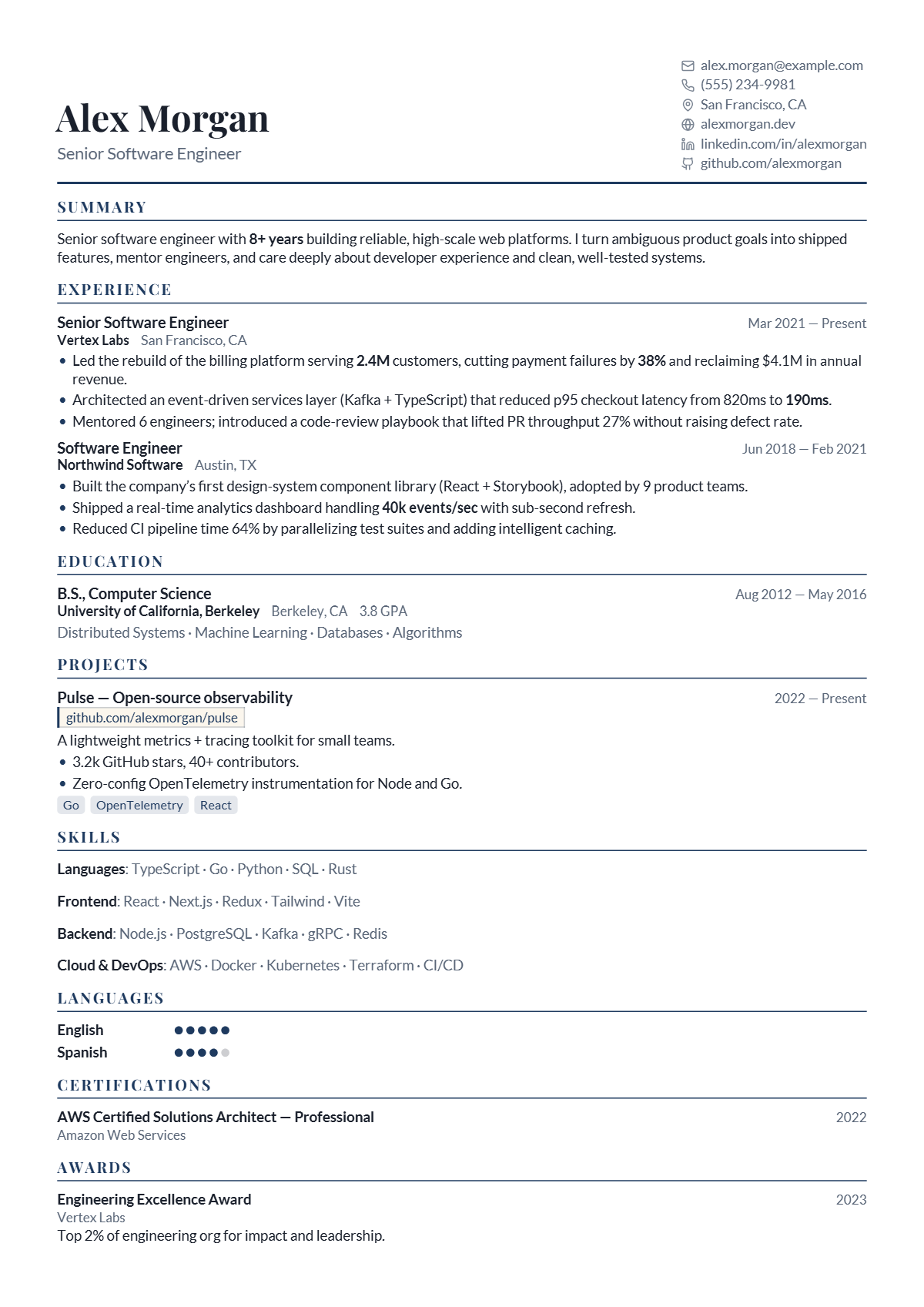 A full résumé page in the Sterling template: single column · executive · elegant