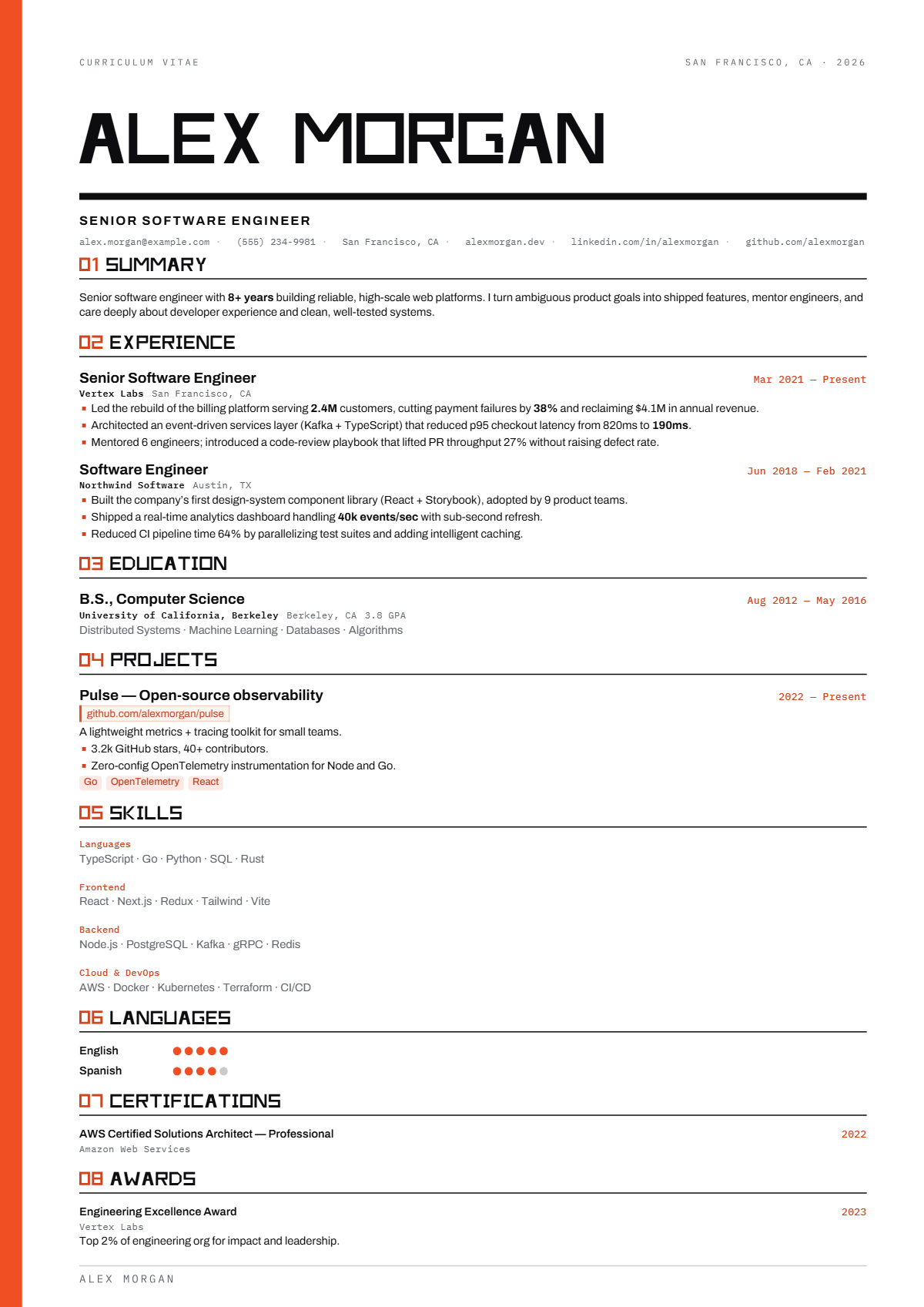 A full résumé page in the Flare template: signature · single column · modern · technical · premium